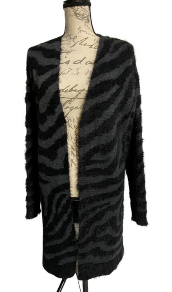 Isela Women’s Size L Black/Gray Open Front Midi Cardigan Sweater Leopard Print